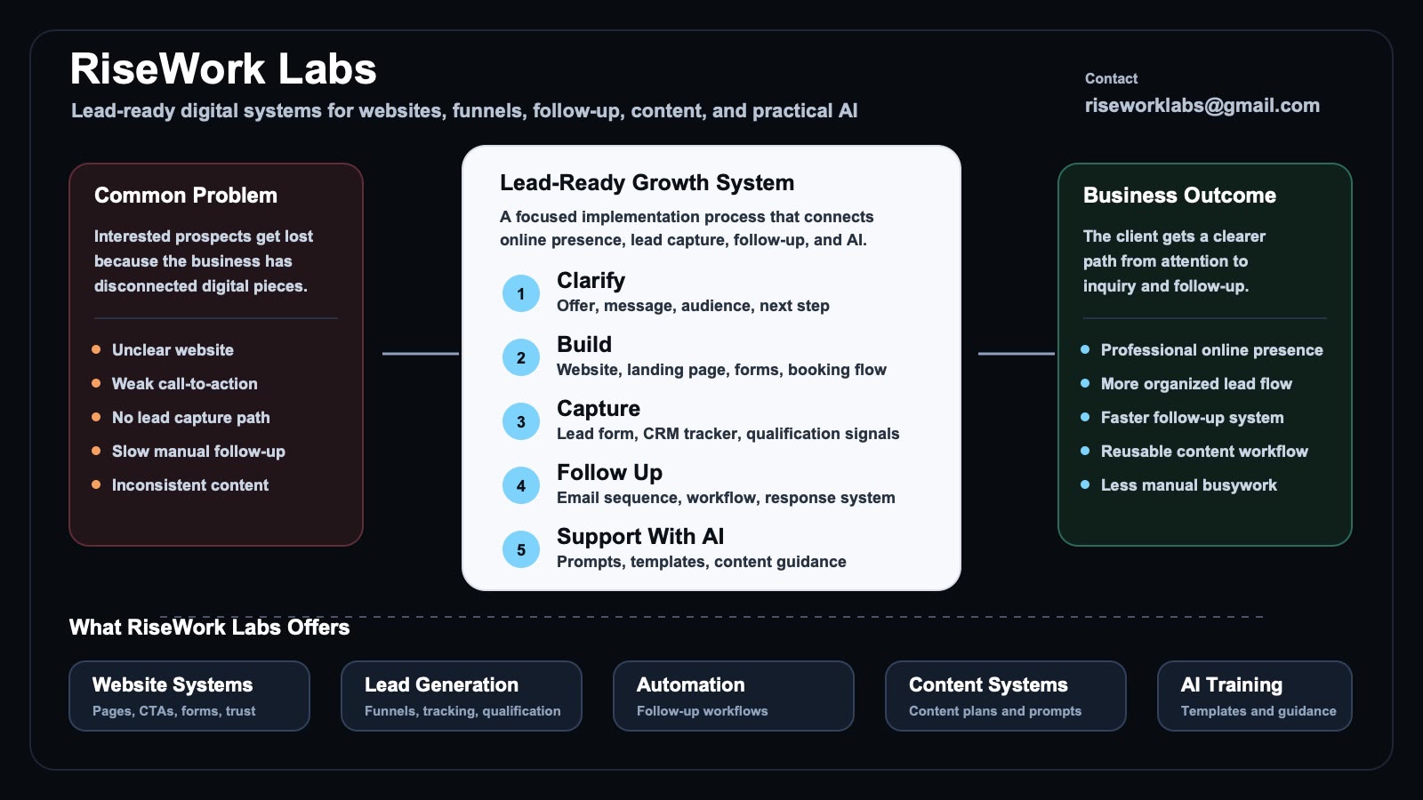 RiseWork Labs process diagram showing common problems, the lead-ready growth system, business outcomes, and service areas.